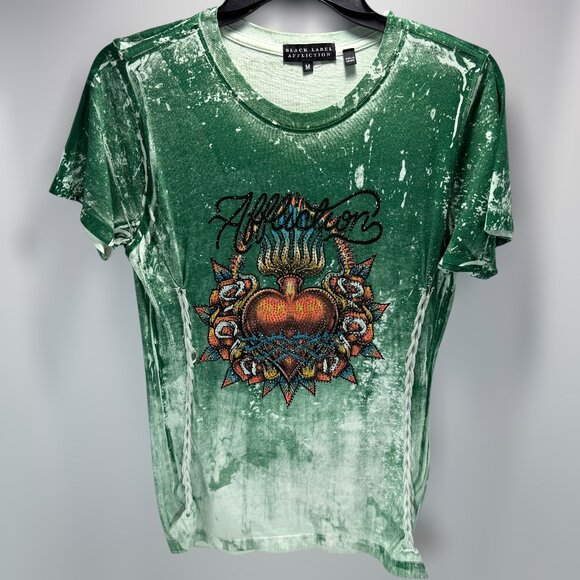 Affliction Black Label Green Burnout Heart & Skull Rhinestone Tee - Picture 1 of 9